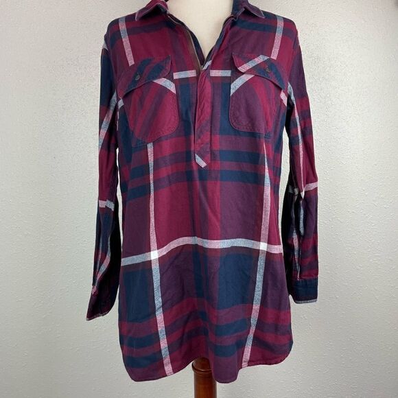 Eddie Bauer Half Zip Plaid Flannel Top Size L EUC - Picture 1 of 8